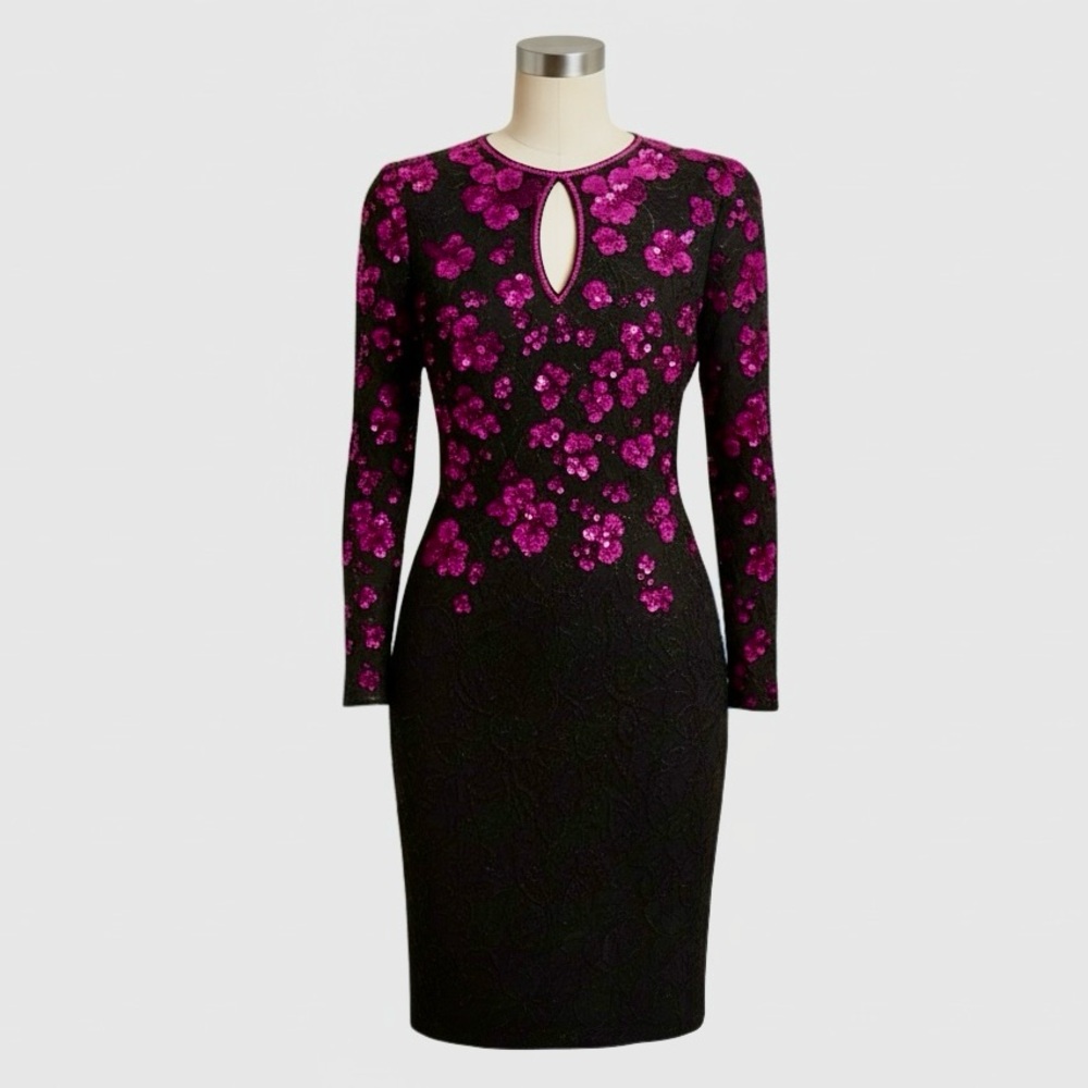 Judith Ann Vintage Sequin Silk Dress Black Magenta Floral | S‎ | Glam Party Gown